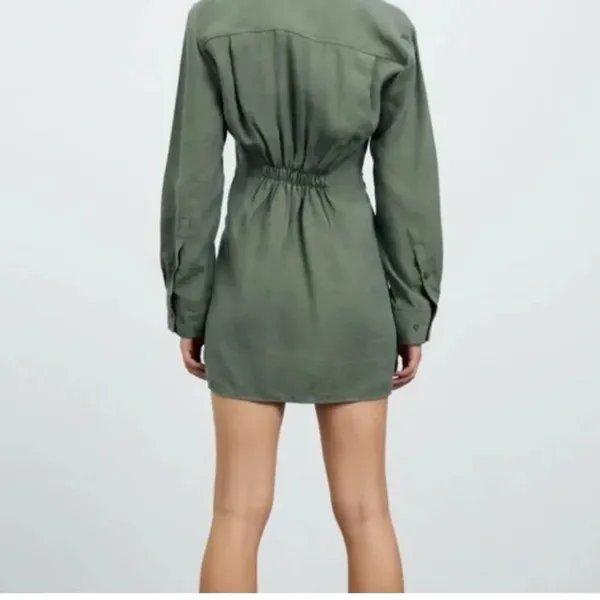 Zara Long Sleeve Tunic Wrap Style Mini Dress Collard V Neck Button M Sage Green - Image 6