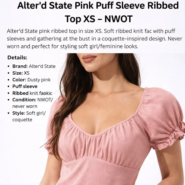 Altar’d State Dusty Pink Ribbed Puff Sleeve Top XS NWOT Coquette - Image 5