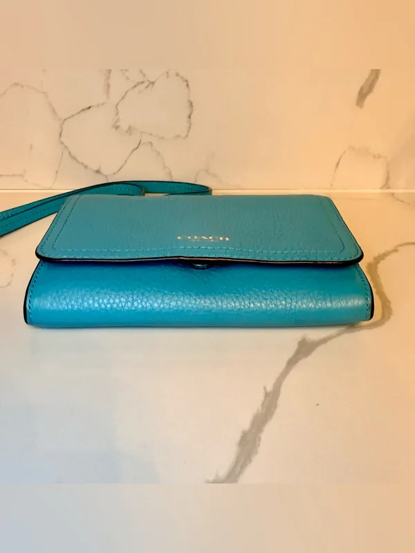 Coach Foldover Crossbody Wallet Bag Robin's Egg Blue Pebbled Leather - Image 12
