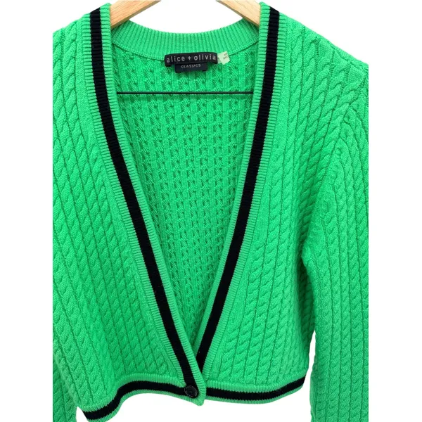 Alice + Olivia Jenae Cable Knit Cardigan S Preppy Twee Crop Green Wool Sweater - Image 4