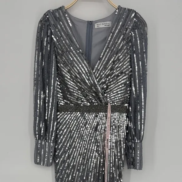 Mac Duggal Sequined Wrap Over Bishop Sleeve‎ Gown 4 Silver Formal Gala Wedding - Image 5