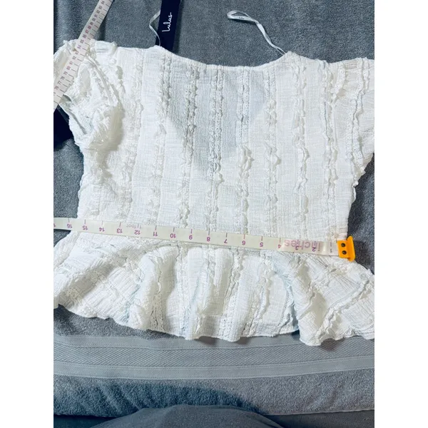 NWT Lulus Size Medium Estela Ivory‎ Ruffled Puff Sleeve Peplum Crop Top White - Image 8
