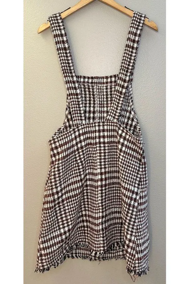 NWT Tea N Rose Brown and White Overall Houndstooth Pinafore Dress Raw Hem - Image 9