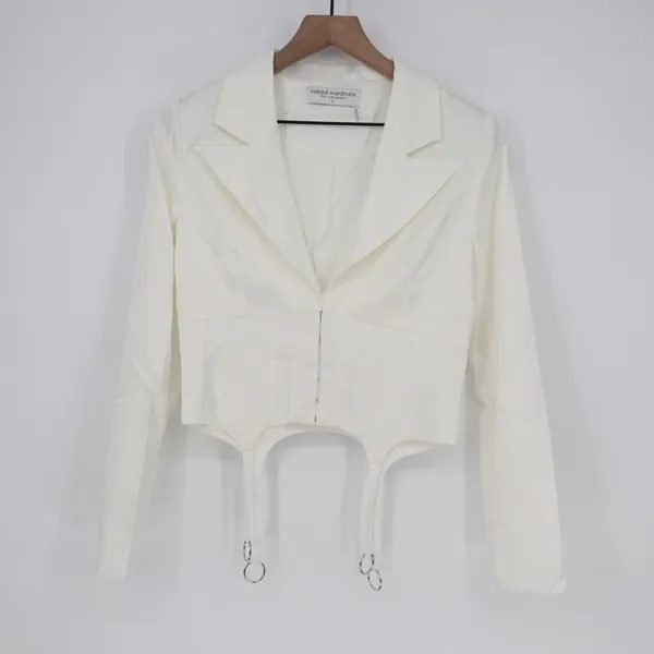 Naked Wardrobe The Statement White Cropped Garter Blazer Womens Small - Image 2