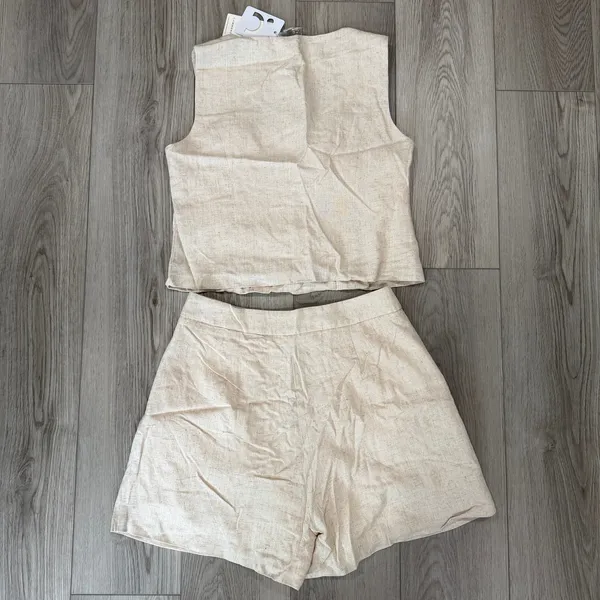 Commense Old Money Linen Blend Elegant Casual Khaki Vest Shorts Set M - Image 4