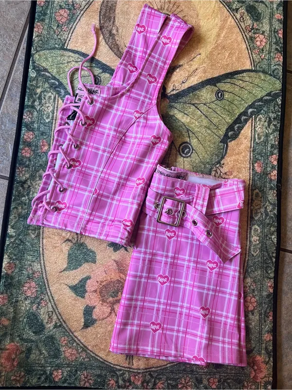 Dolls Kill bratz set Pink Plaid Lace-Up Crop Top & Belted Mini Skirt Set - Image 9