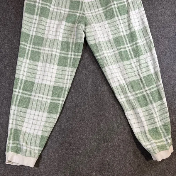Aerie Plaid Fleece‎ Pajama Joggers Sage Green White XL Regular Lounge Pants - Image 12