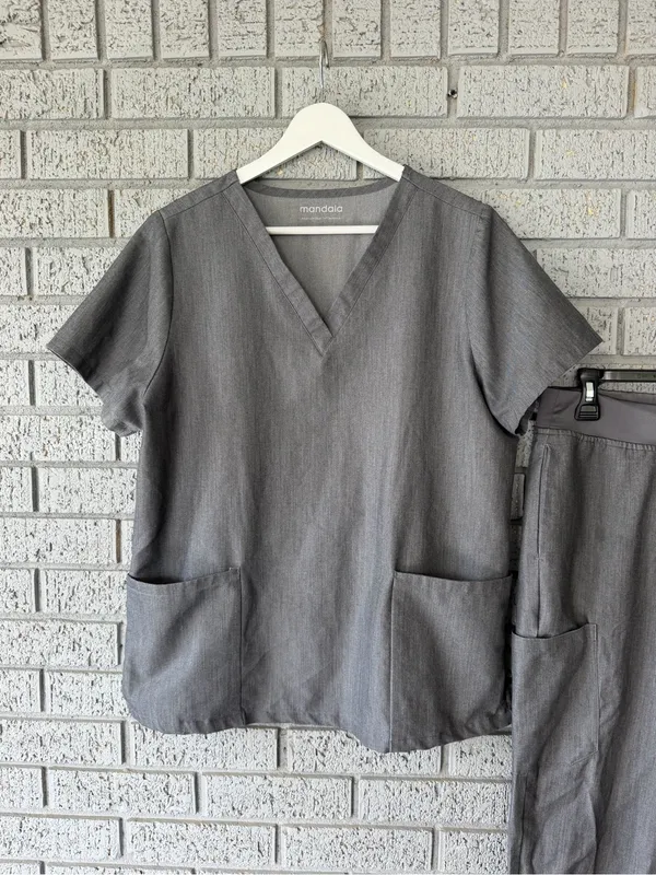 Mandala Scrub Set Charcoal Grey V Neck Top High Waisted Joggers Size Medium - Image 5