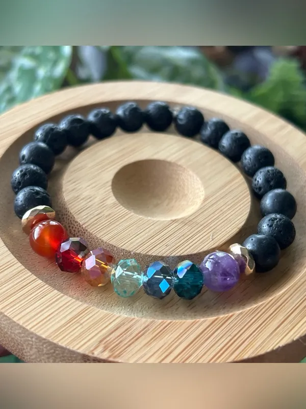 Handmade Black Lava Bead Bracelet with Rainbow Crystal Accent - Image 2