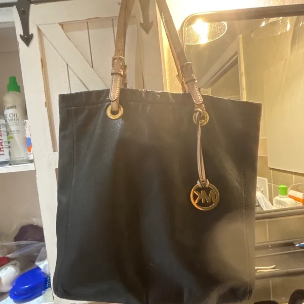 Michael Kors Black Leather Tote with Cream Straps and Gold Hardware - Image 2