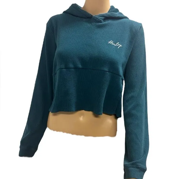 Hurley Ribbed Turquoise Long Sleeve Hooded Cropped Shirt Kangaroo Pocket Medium - Image 7