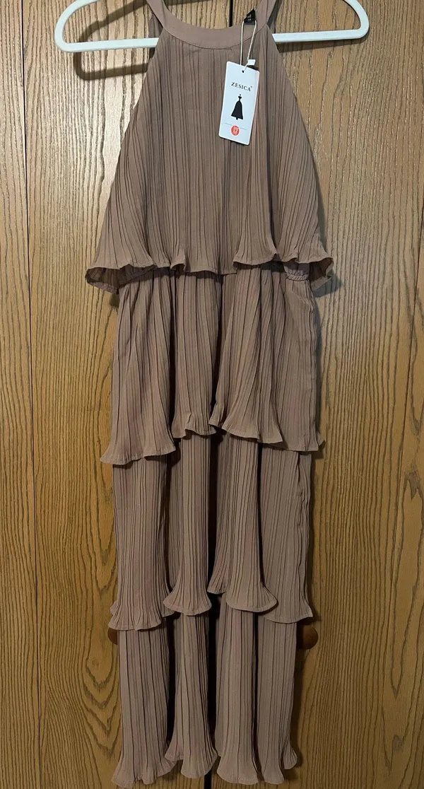 Amazon Ruffle Layered Long Maxi Dress Halter Top Brown wedding guest - Image 2