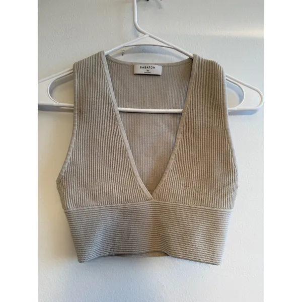 Babaton Sculpt Knit Deep V-Neck Crop Tank‎ Top Beige XS - Image 2