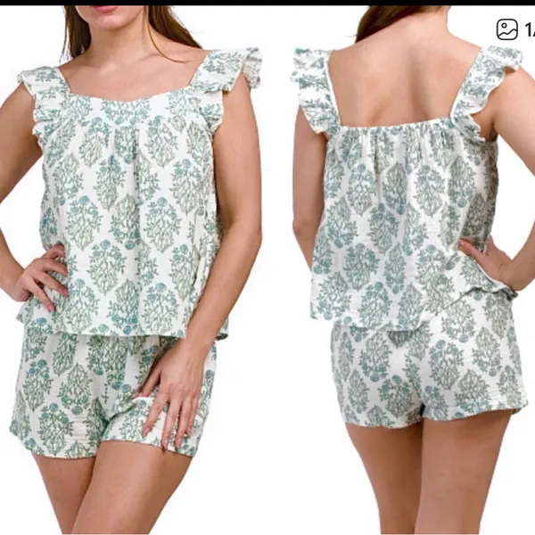 Rachel Zoe Floral Pajama Set 2 Pc Cotton Shorts Top Blue Green floral White M - Image 2