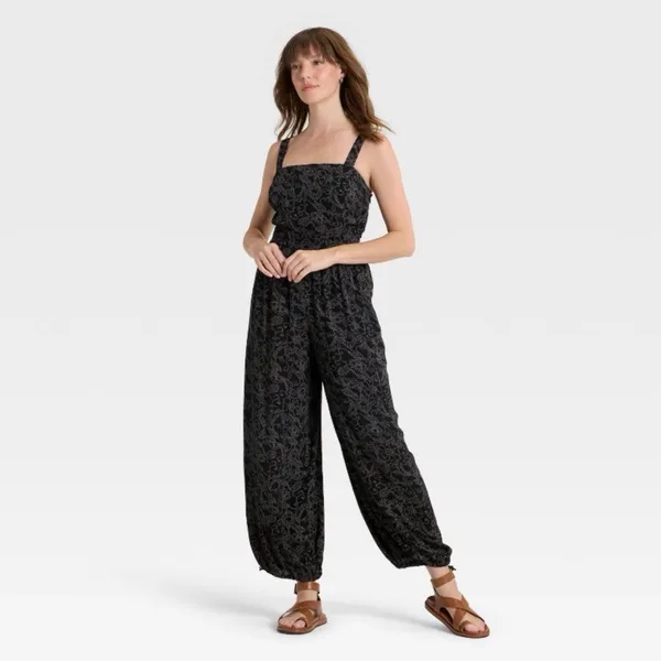 Universal Thread Smocked Boho Jumpsuit Dark Floral Tie-Cuff Cottagecore Festival - Image 5
