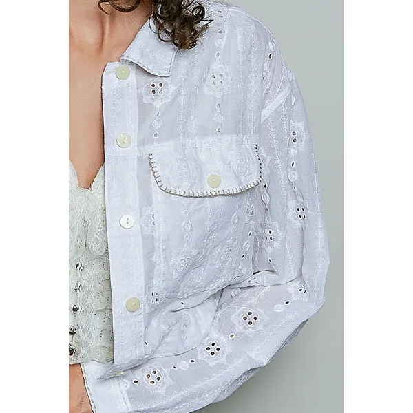 POL Eyelet Textured Cotton Cropped Button Front Jacket - Large - Image 6