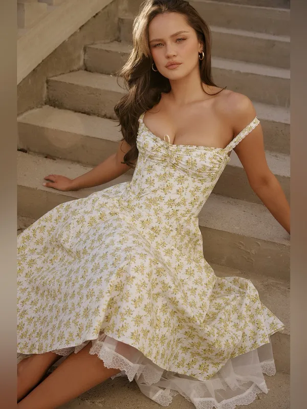House of CB Rosalee White Vintage Floral Print Cotton Bustier Sundress XS - Image 4