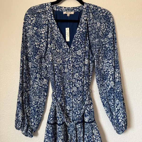 Madewell Blue White Floral Tiered Mini Dress Long Sleeve NS128 Size 00 NWT - Image 4