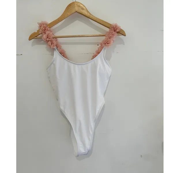 White One Piece‎ Swimsuit Blush Pink Floral Straps High Cut Small Beach Bridal - Image 2