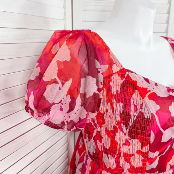 Torrid Floral Crinkle Fabric Tiered Puff Sleeve Smocked Midi Dress Red‎ Pink 12 - Image 8