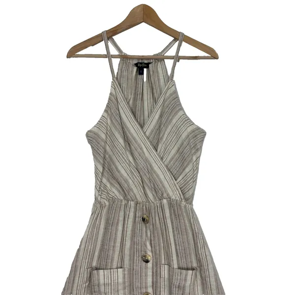 Indigo Rein Linen Dress Womens S Beige Striped Button‎ Skirt Coastal Boho Casual - Image 2
