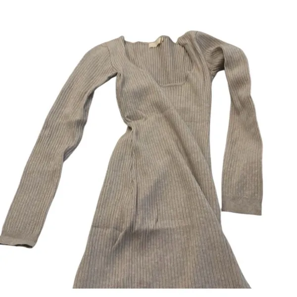 ✨Meshki Taupe Tan Cali Long Sleeve Ribbed High Slit Midi Sz Large Dress✨ - Image 9