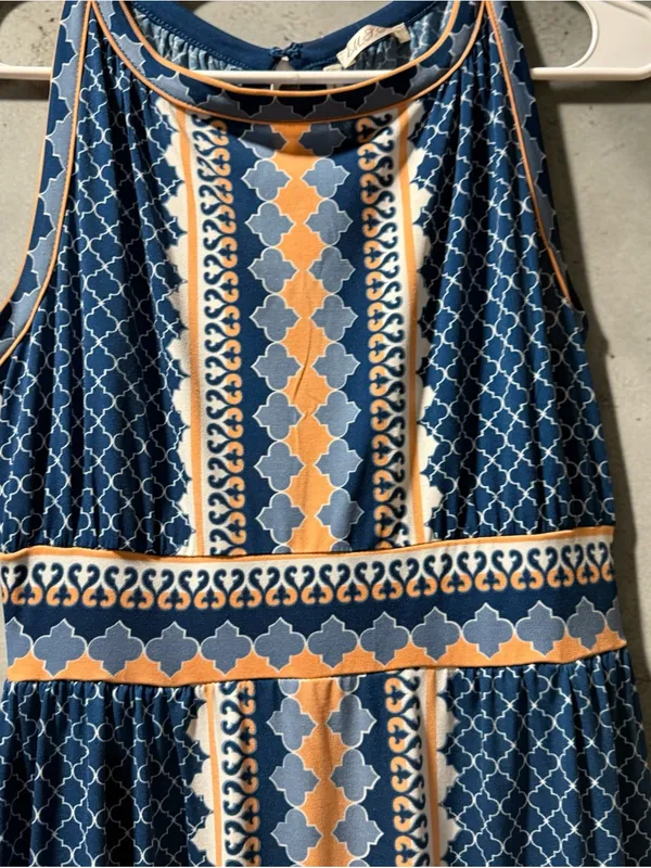 Blue Patterned Maxi Dress with Geometric Trim. Max Studio Size XS - Image 3