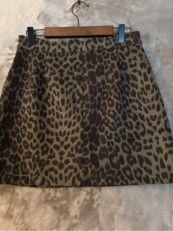 Leopard Print Faux Suede A-Line Mini Skirt Women’s Size M Black/Olive - Image 8