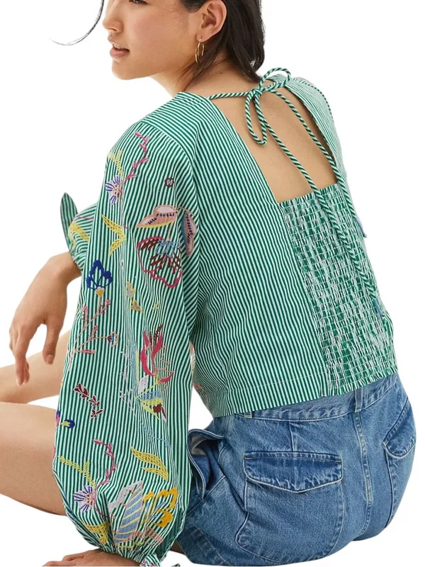 Anthropologie Maeve Embroidered Blouse Green Stripe Size XS - Image 2