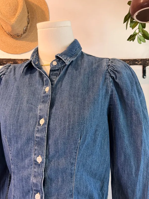 Express Blue Cotton Denim Puffed Long Sleeve Button Front Blouse Size XS - Image 2