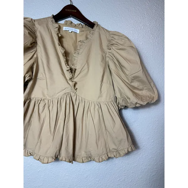 Endless Rose Puff Sleeve Peplum Top Tan Ruffle V-Neck Cotton Size S JJ1080T - Image 6