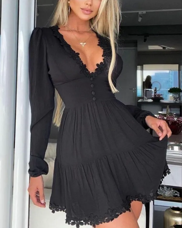 Soana Boutique Lace Patch Button Front Ruched Casual Dress Black - Image 2