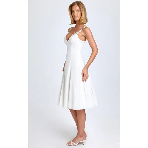 Oh Polly Mallory Bow-Detail A-Line Midi Dress in White Size 14 New - Image 3