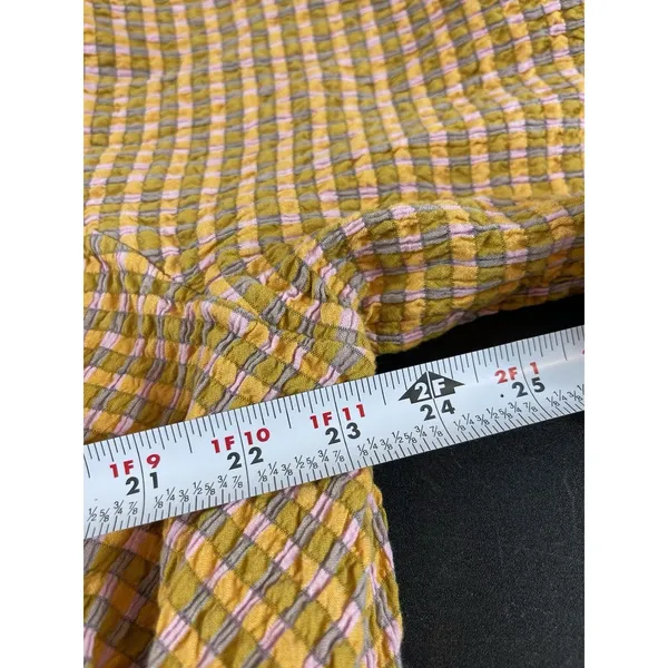 Free EST Free People Boho Mustard Plaid Blouse Peasant Top Balloon Sleeve Tie - Image 11