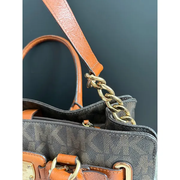 Michael Kors Hamilton Satchel Brown Logo PVC Leather Preppy Classic Tote Bag - Image 3
