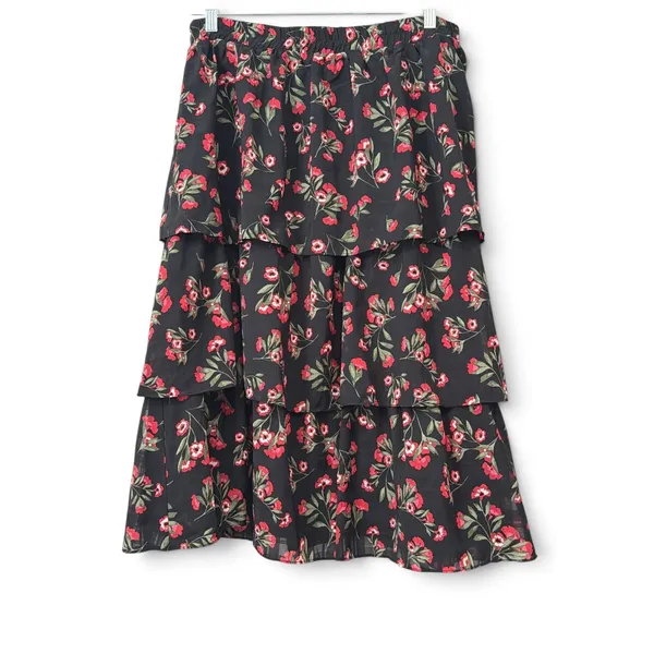 Draper James RSVP Black Red Floral Tiered Midi Skirt Elastic Waist Large L - Image 3