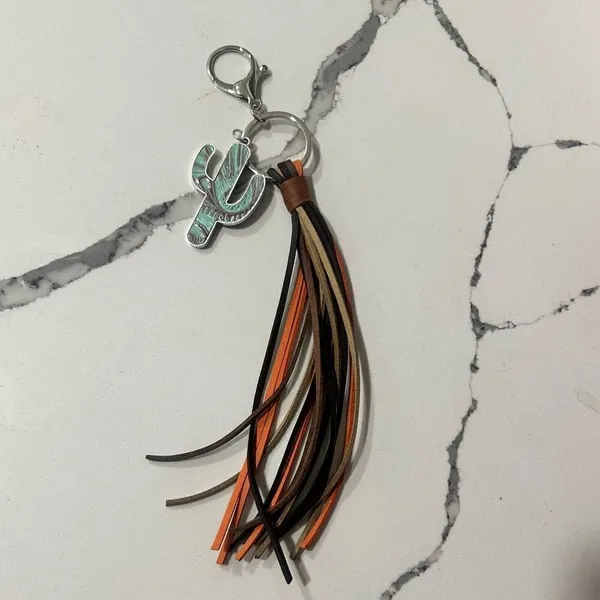 Turquoise Cactus Keychain with Tassel Silver - Image 3