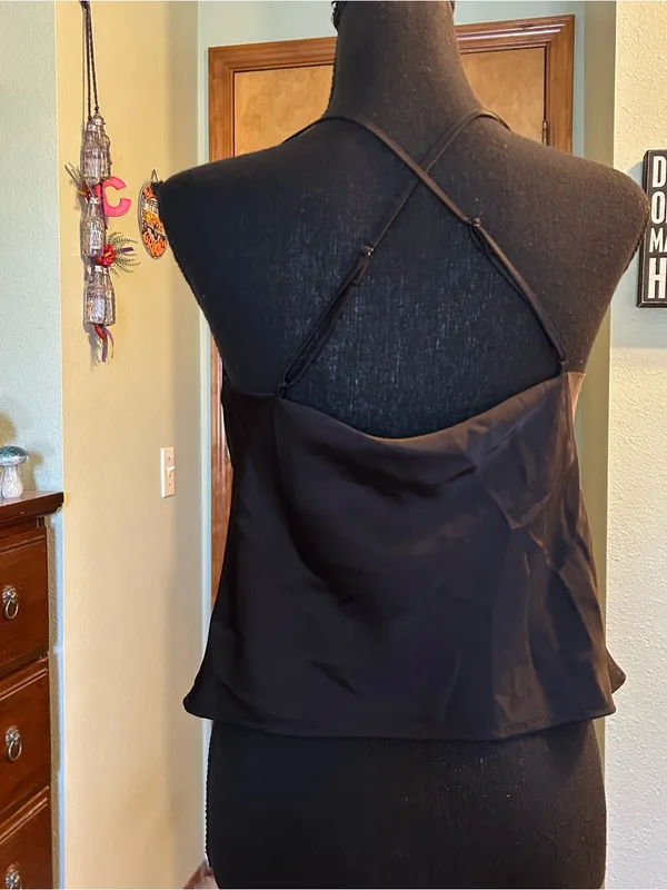 Rachel Zoe black satin cowl neck tank top with crossed straps in back size M - Image 3