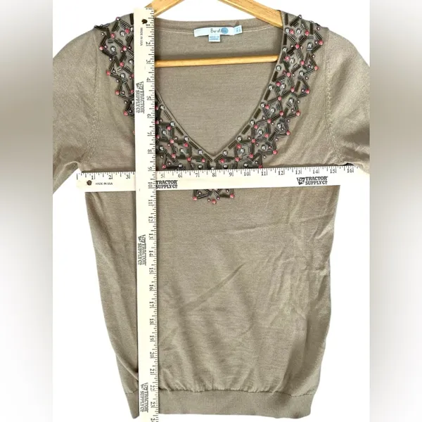 Boden Women's Tan Sand Embellished Beaded‎ V Neck Wool Blend Sweater Size 2 XS - Image 6