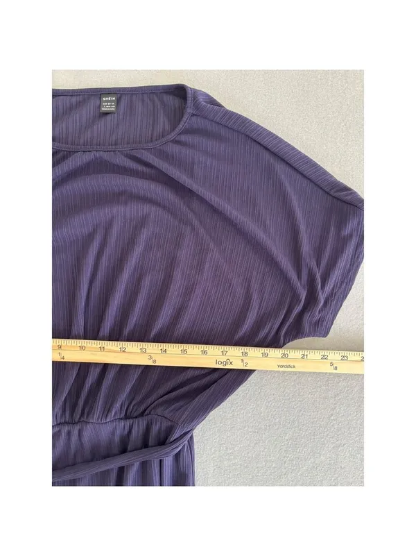 Shein Plisse Ribbed Midi Dress Womens Size Large Purple Belted‎ Dolman Boat Neck - Image 7