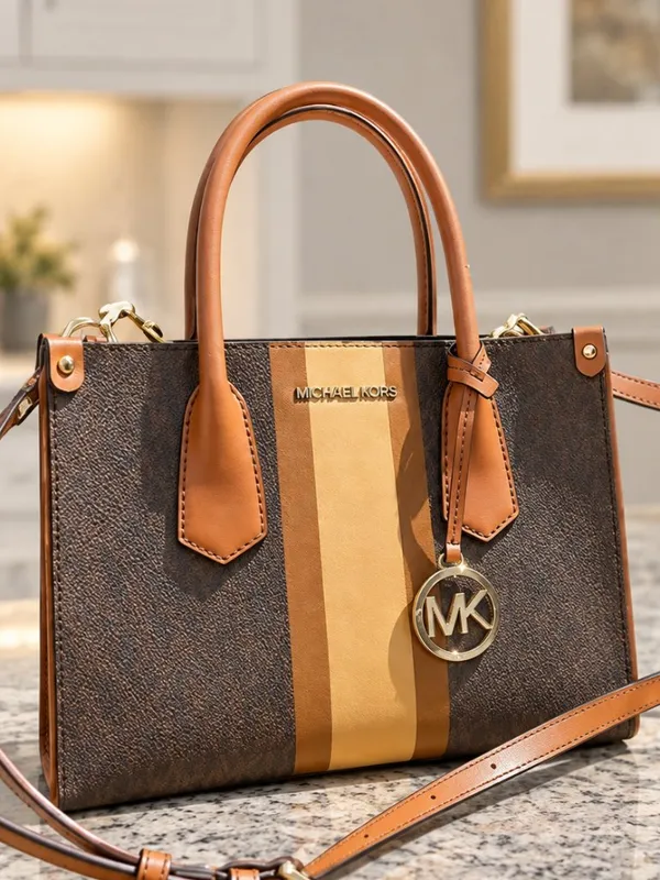 Michael Kors Signature Stripe Satchel Brown Gold Charm NWT - Image 4