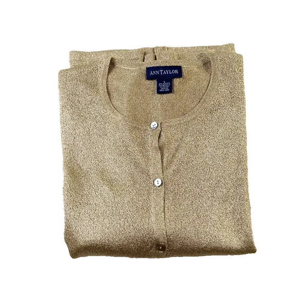 Ann Taylor Gold Shimmer Knit Crewneck Cardigan Sweater Women's Large EUC - Image 12