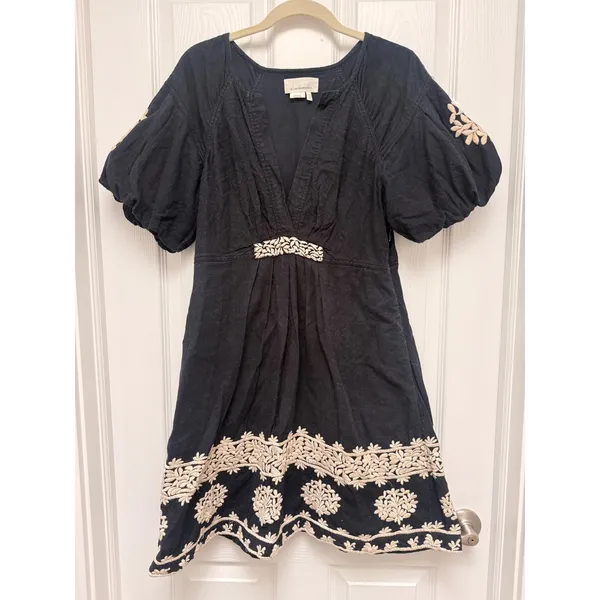 Anthropologie‎ Orla Mini Dress Embroidered Puff Sleeve V-Neck Navy Blue Cream 12 - Image 2