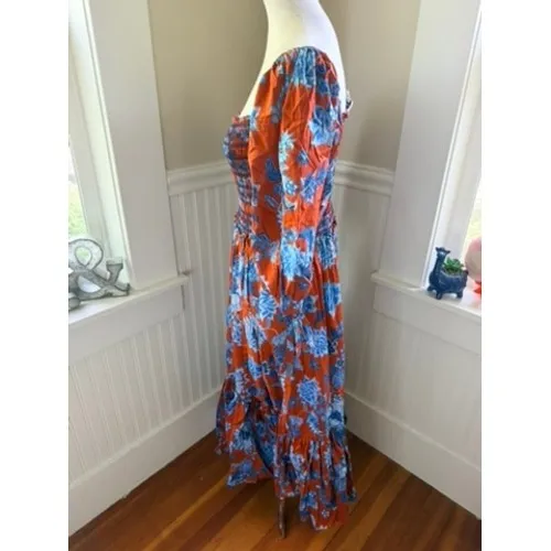 Cara Cara Jazzy Floral Smocked Maxi Dress Puff Sleeve Orange Blue Size Medium - Image 10