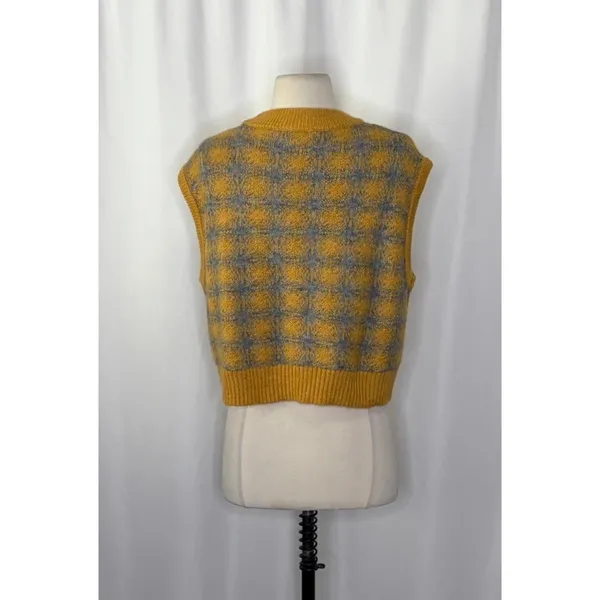 ZARA Chunky Wool Sweater Vest Plaid Star Pattern Yellow Gray Academia Small - Image 8