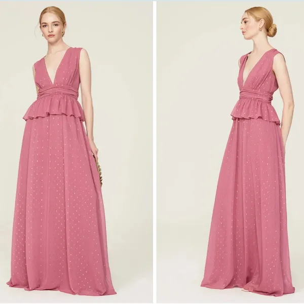 Revolve RTR LDT‎ Pink Rose Metallic Peplum Waist Sleeveless V Neck Maxi Gown Dress Sz 2 - Image 2
