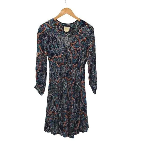 Anthropologie Maeve Women’s Paisley Long Sleeve V-Neck Dress Maplewood Blue Smal - Image 3