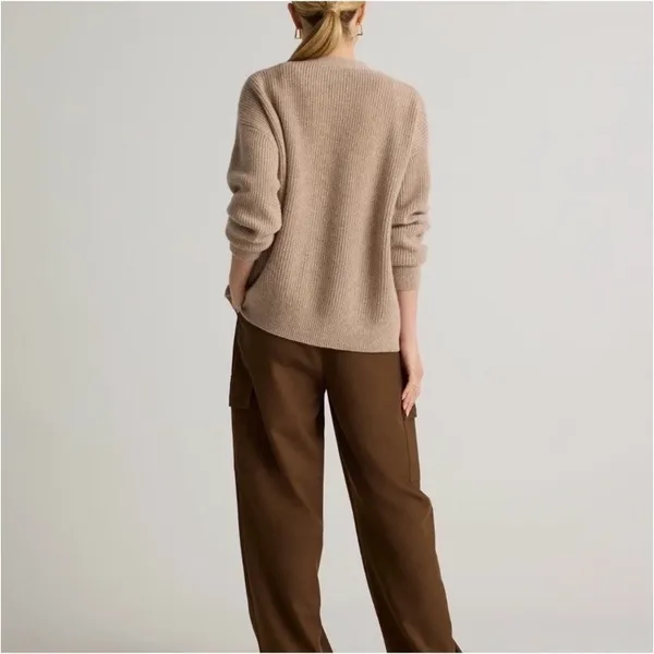 Quince Sweater Women's M Mongolian Cashmere 2.0 Oversized Boyfriend Cardigan Tan - Image 2
