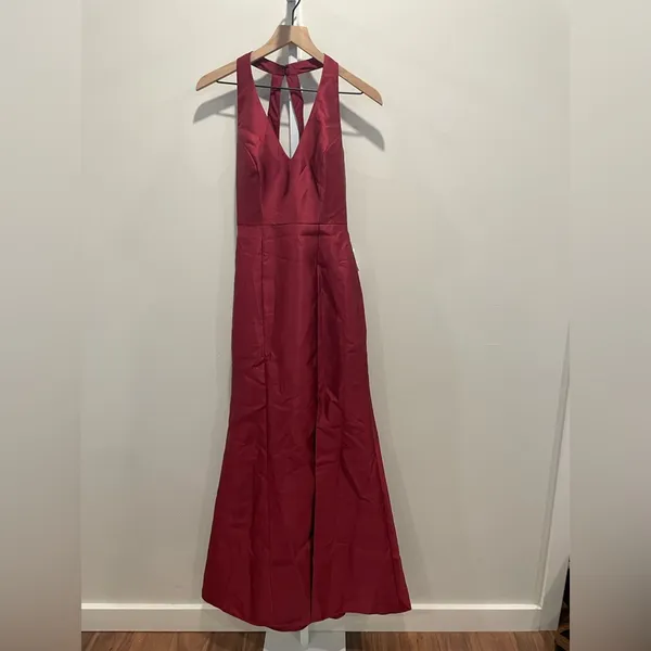 Alfred Sung V-Neck Halter Satin Trumpet Gown in‎ Burgundy Size 2 - Image 3