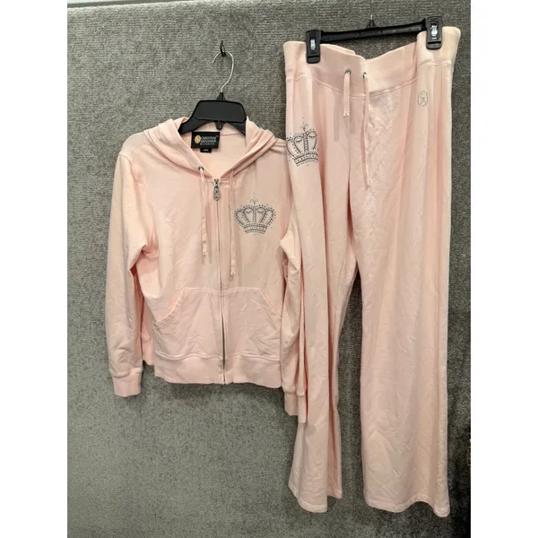 Christine Alexander Women Tracksuit L Pink Y2K Rhinestone Crown Hoodie Pants Set - Image 5